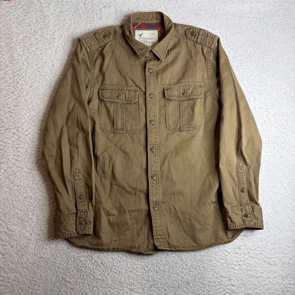 American Eagle Mens XXL Khaki Brown Utility Button Front Shirt Long Sleeve Plaid
